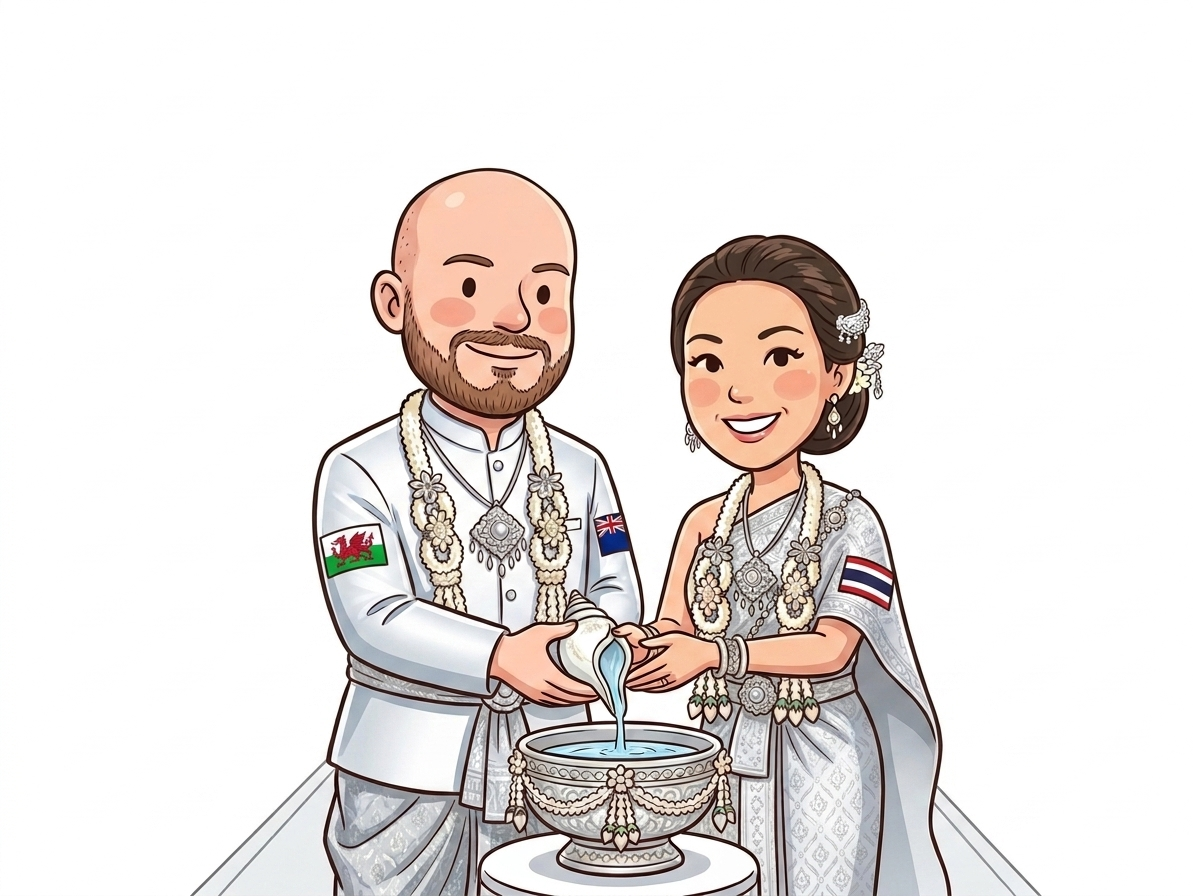 Illustration of Supranee and Rhys at their Thai water pouring ceremony